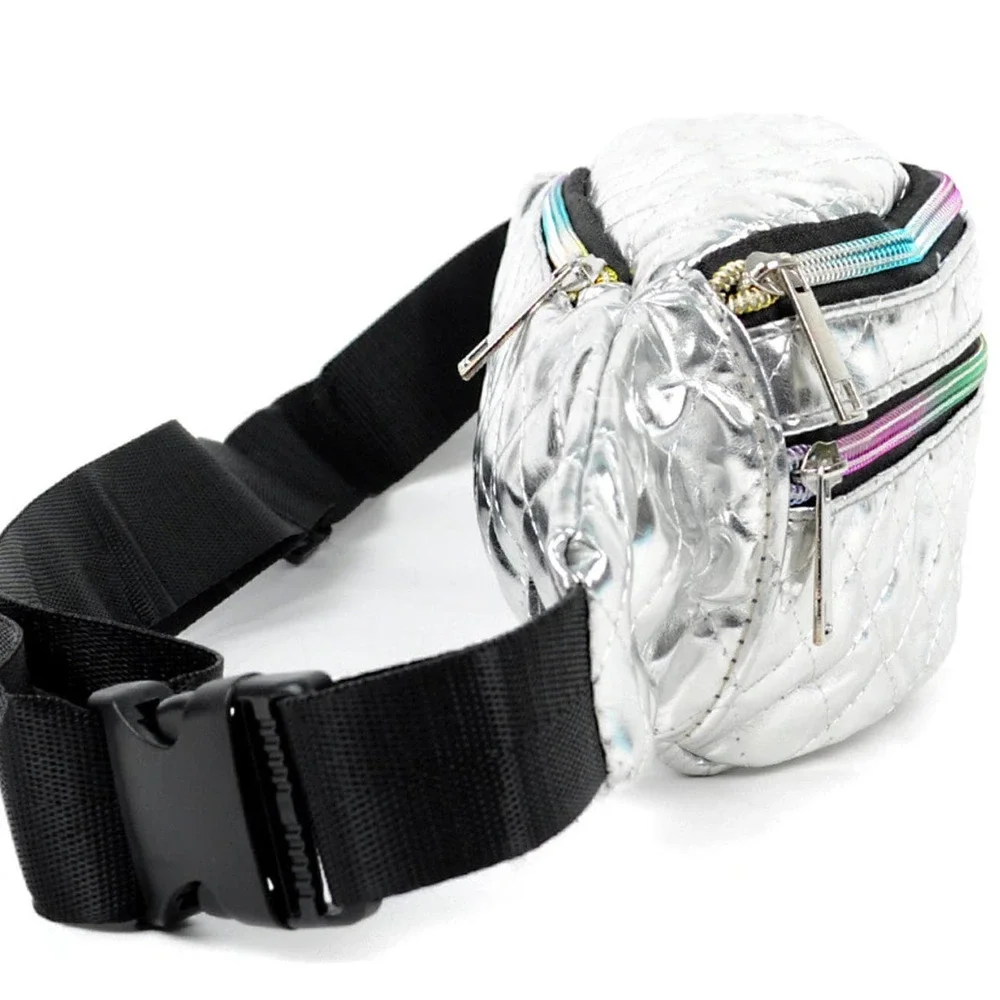 Quilted Metallic Silver Fanny Pack Belt Bag Sling Bag with Iridescent Zippers - Picture 3 of 6